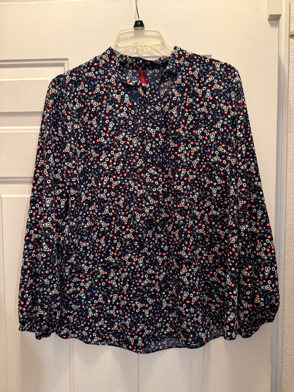 Women's Floral Button-Front Blouse - Navy with Pink & White Flowers